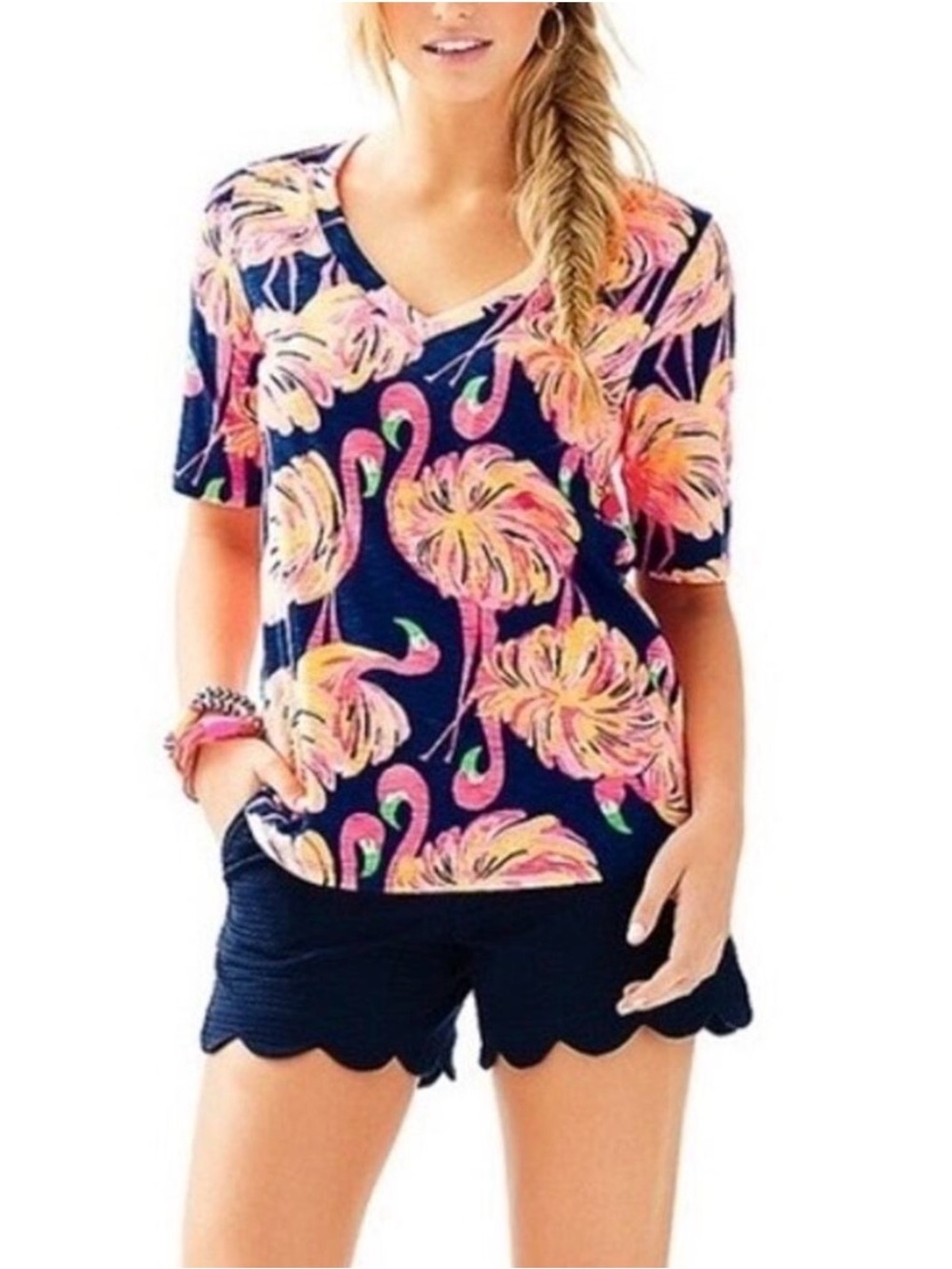 Lilly Pulitzer Flamingo Print navy blue/pink V-Neck Top size small VGUC